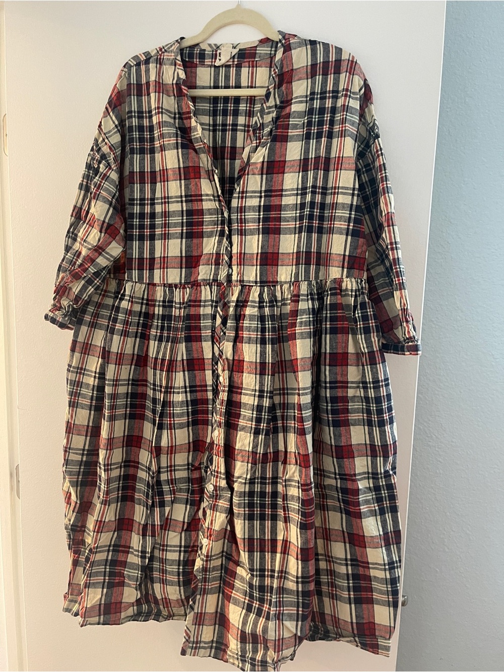 Beaton Linen Plaid House Dress, 100% Linen, Size Large
